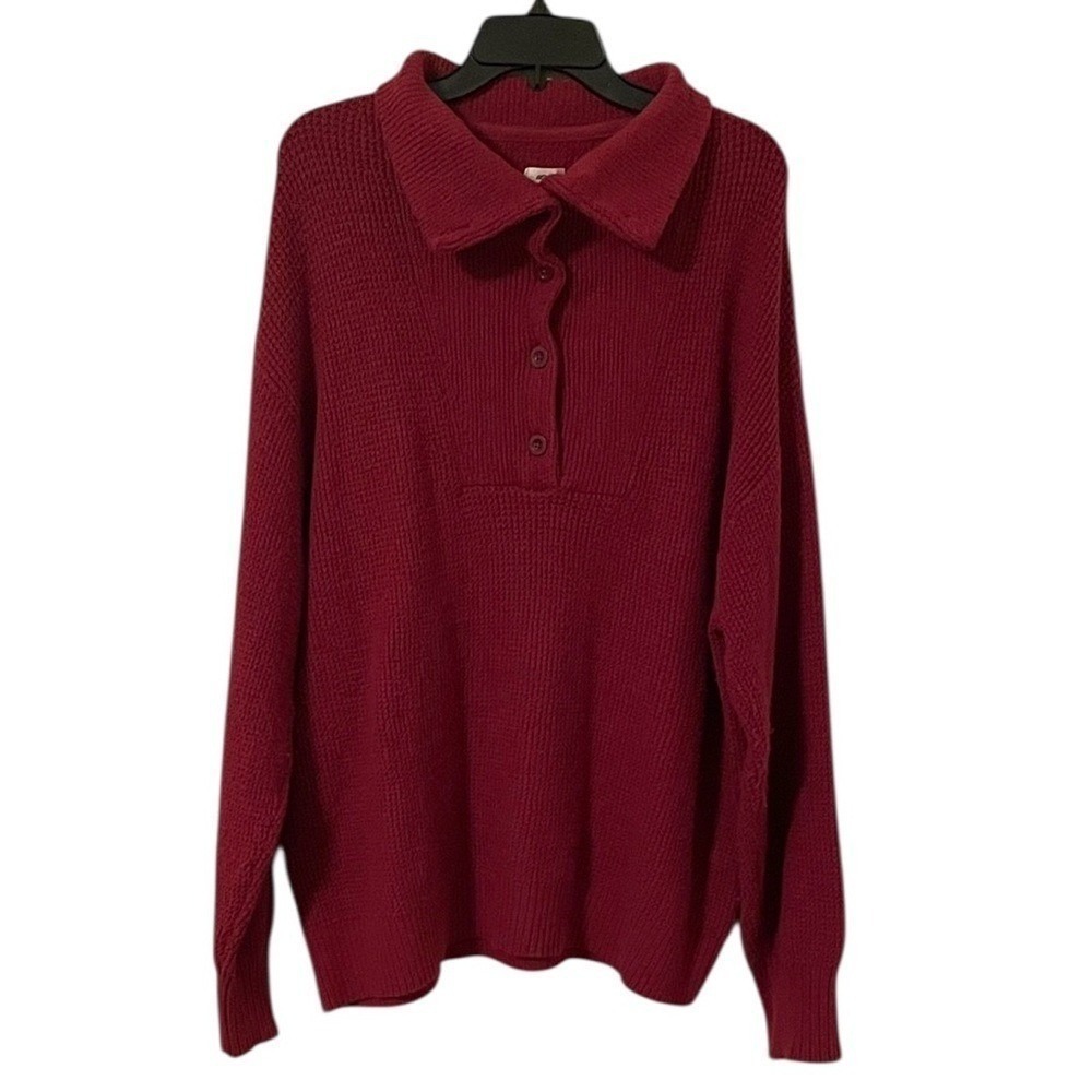 Aerie Women's Wine Red Knit V-Neck Button Collared‎ Pullover Sweater Size XL